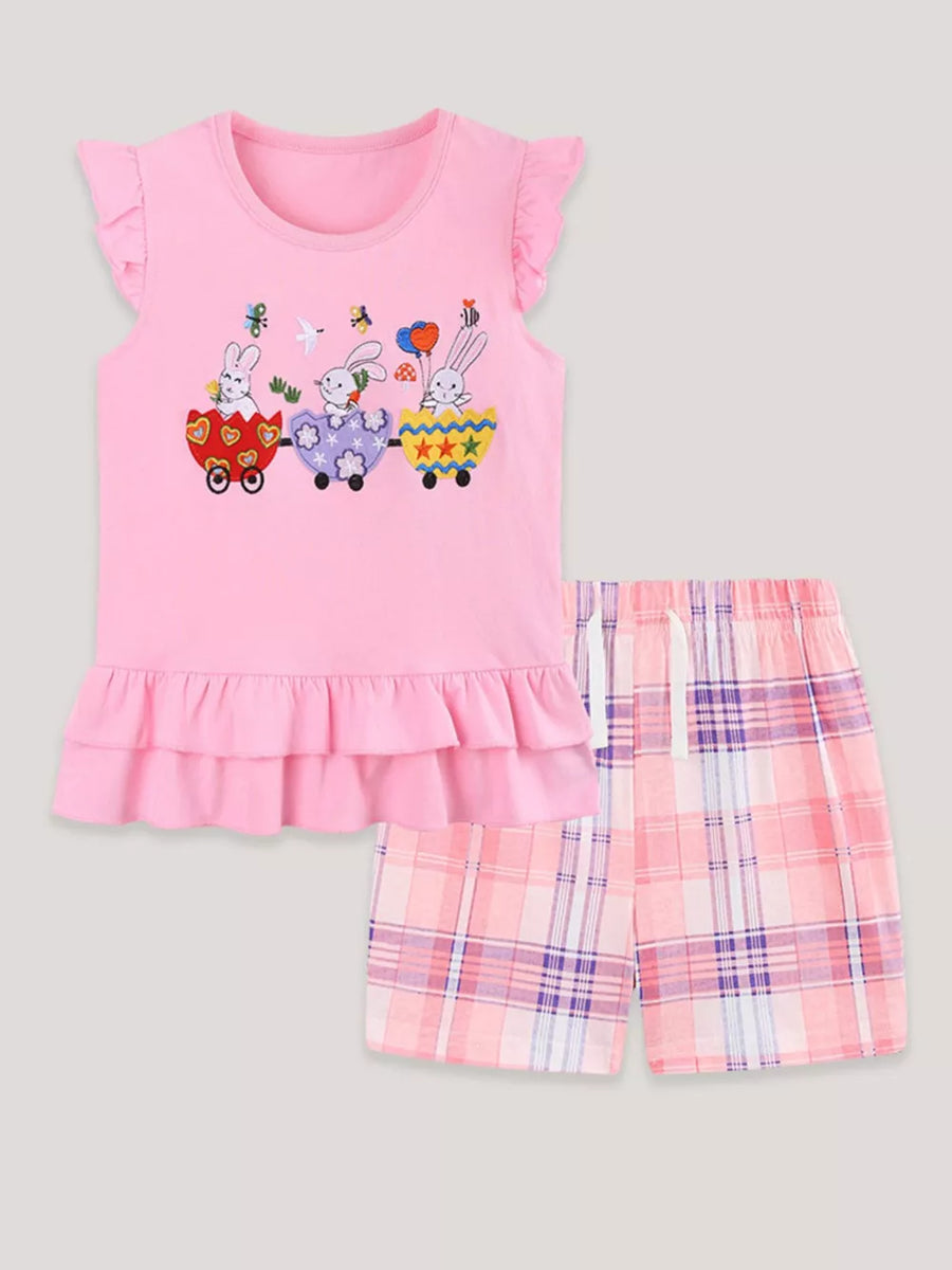 Pink cotton ruffle top with bunny train graphic and plaid shorts set for girls.