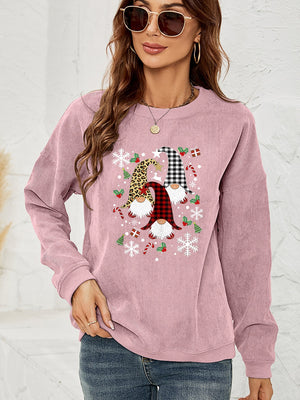 Dusty Pink corduroy sweatshirt with gnome graphic, snowflakes, candy canes and Christmas trees.
