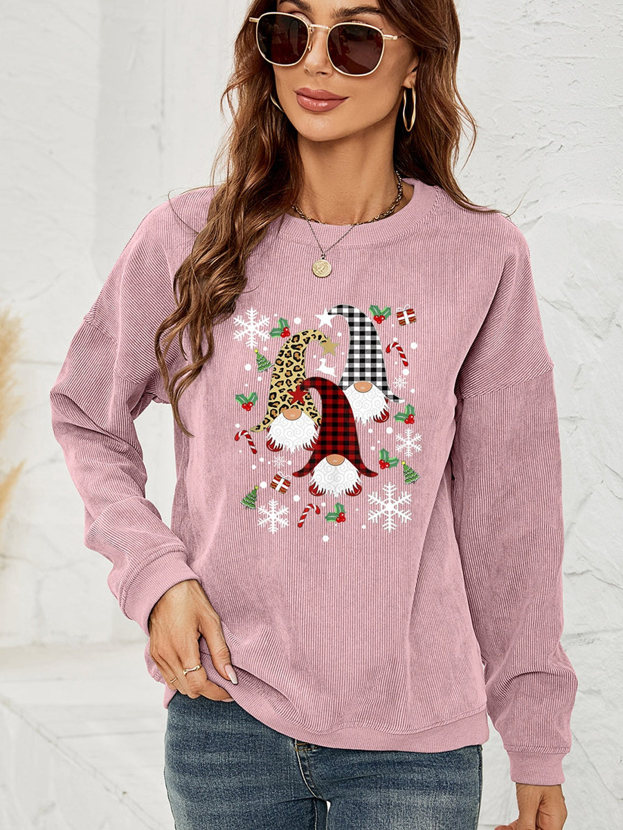 Dusty Pink corduroy sweatshirt with gnome graphic, snowflakes, candy canes and Christmas trees.