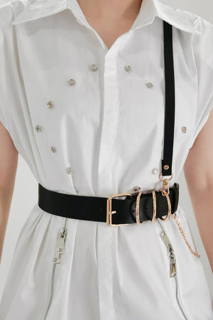 Black PU leather harness belt with gold chain detail and gold buckle.