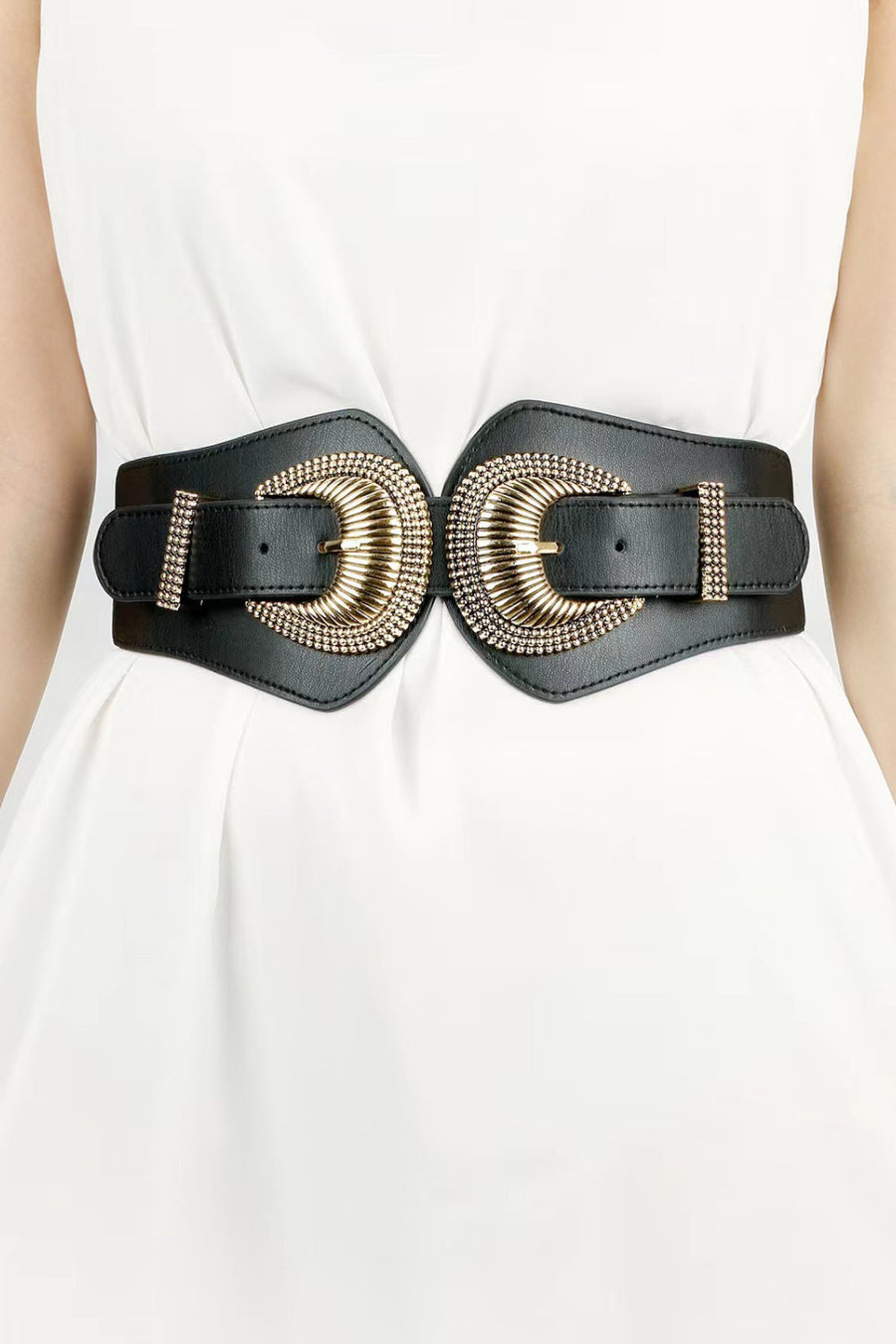 Black corset belt with double gold sculpted buckles and beaded trim