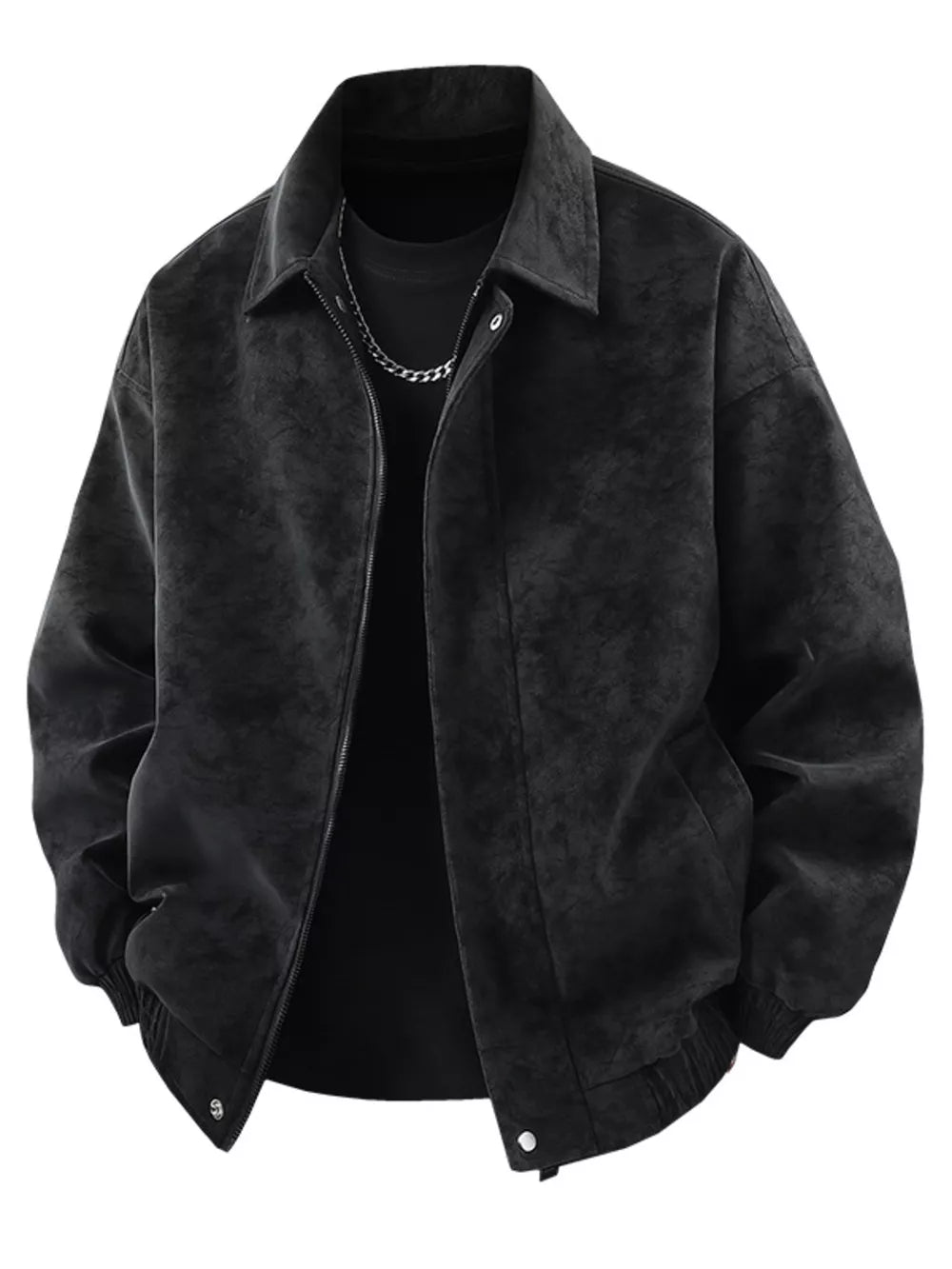 Distressed faux leather zip jacket in black with a collared neckline and buttoned cuffs.