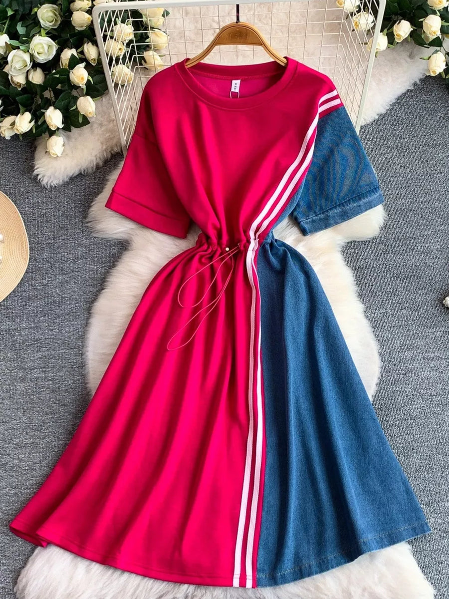 Color block casual dress with drawstring, white stripes, and denim sleeves.