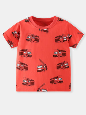 Toddler red cotton t-shirt with all-over fire truck print.