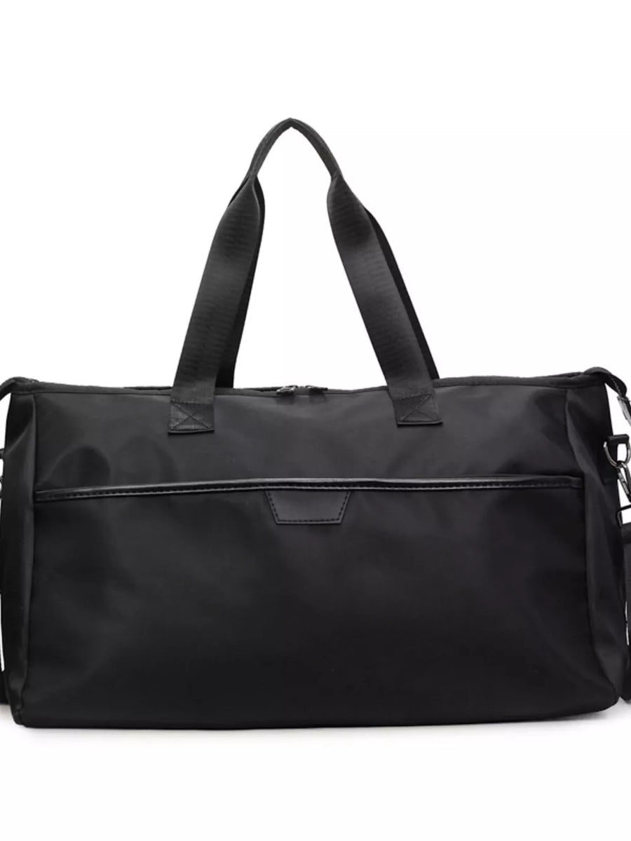 Black Oxford cloth travel duffle bag with top handles and front pocket detail.