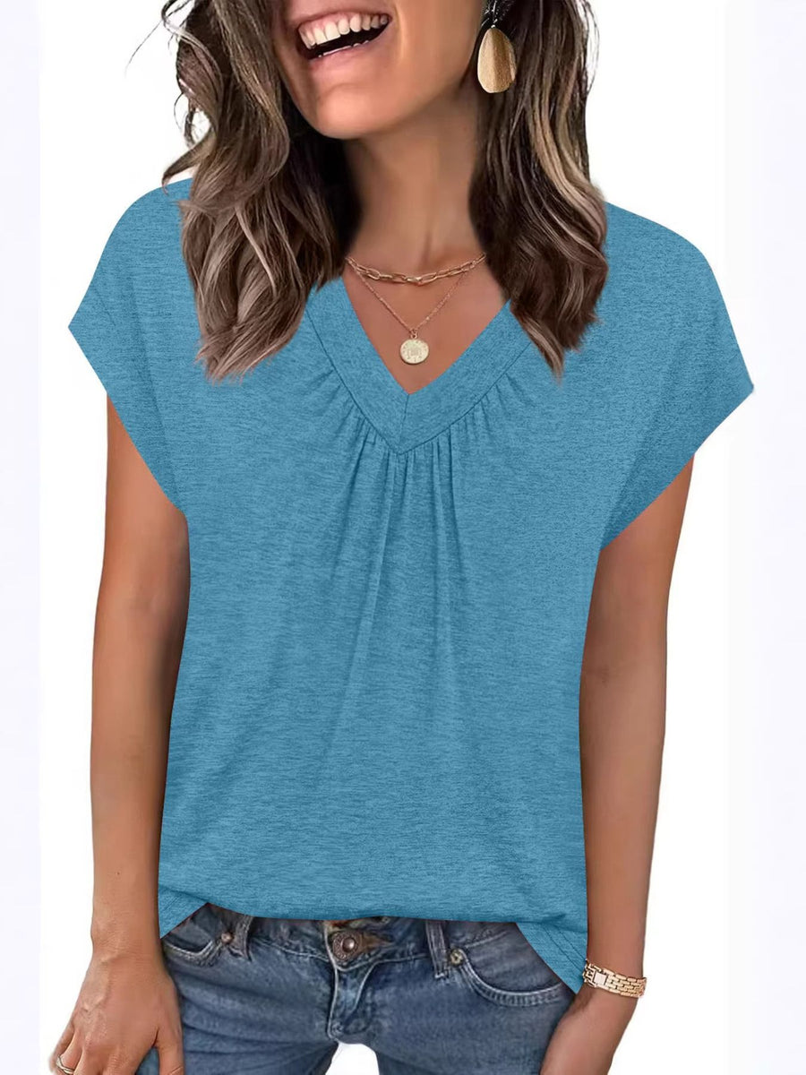 Blue ruched V-neck t-shirt with short sleeves and a relaxed fit.