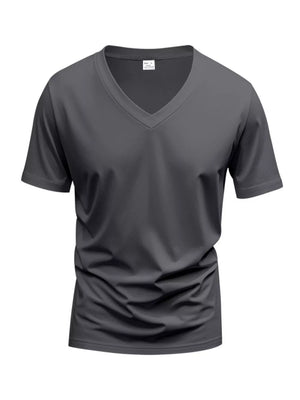 Dark Gray V-neck T-shirt with short sleeves and a slim fit.