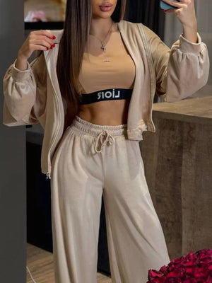 Zip Up Cropped Outerwear And Pants Set in Apricot, view 18