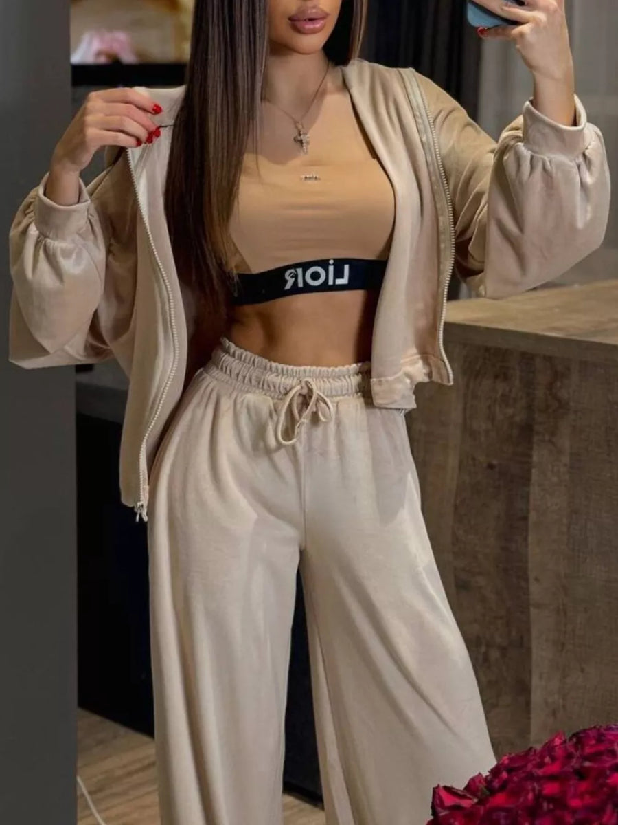 Zip Up Cropped Outerwear And Pants Set in Apricot, view 18