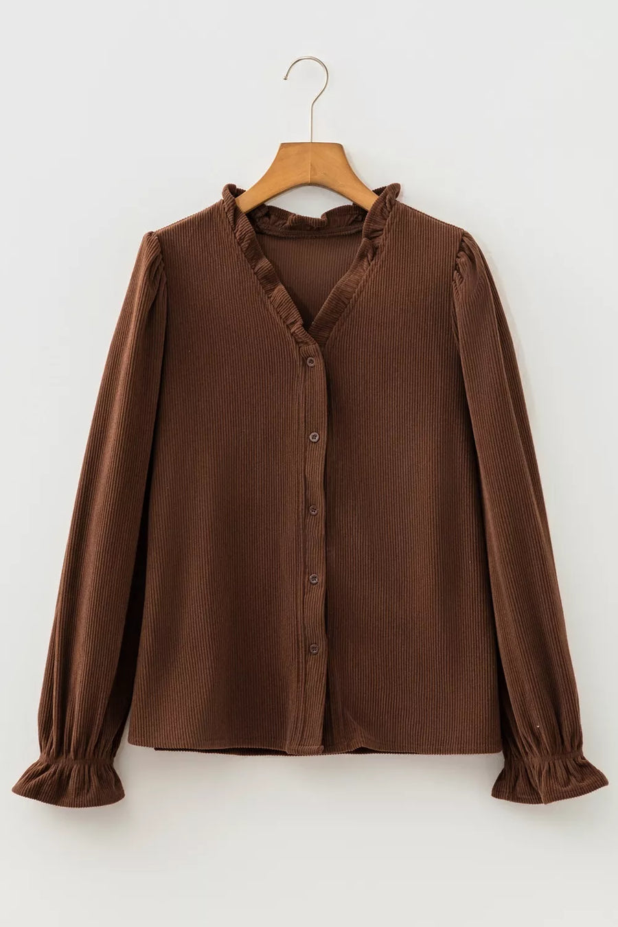 Solid Color Ruffle Trim V Neck Corduroy Jacket option 5