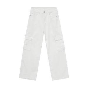 White oversized denim cargo pants with multiple pockets.