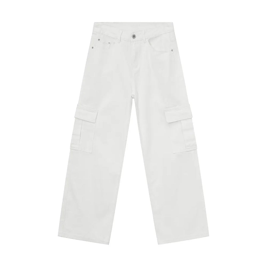 White oversized denim cargo pants with multiple pockets.