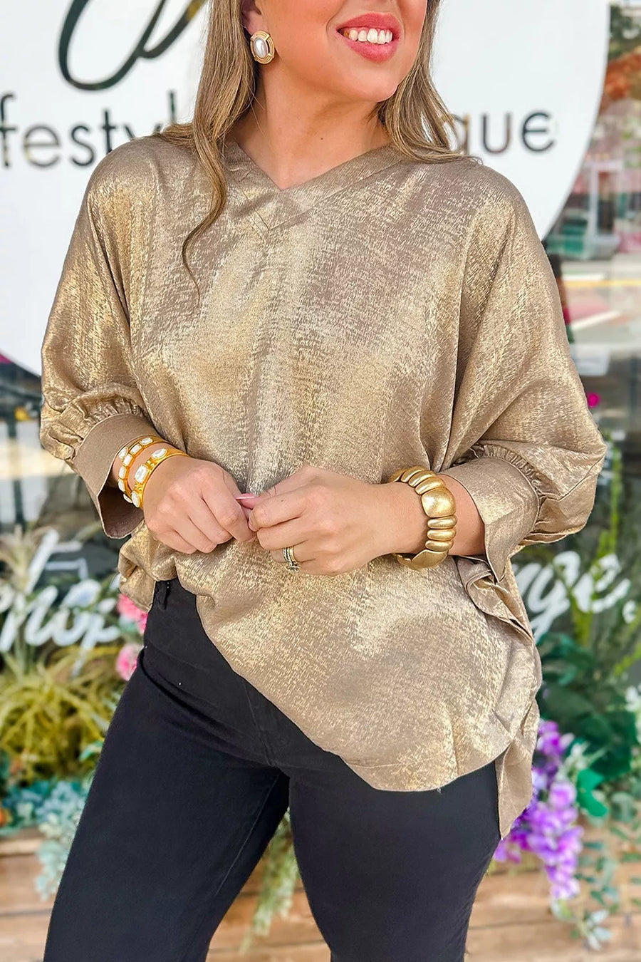 Metallic V Neck Button Cuffed Dolman Blouse option 5