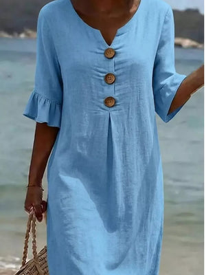 Sky blue casual dress with ruffled sleeves and button detail