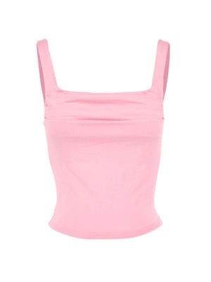 Pink ruched square neck fitted tank top with wide straps