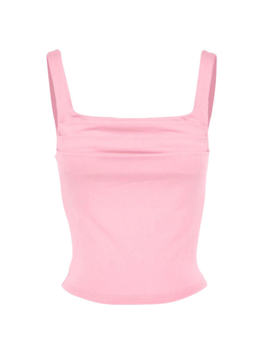 Pink ruched square neck fitted tank top with wide straps