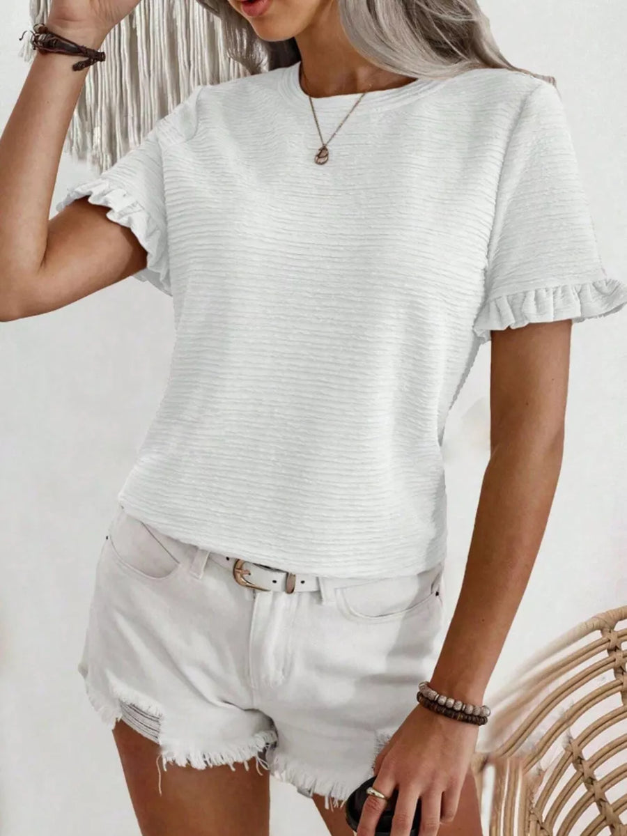 White textured t-shirt with ruffle short sleeves and a crew neck.