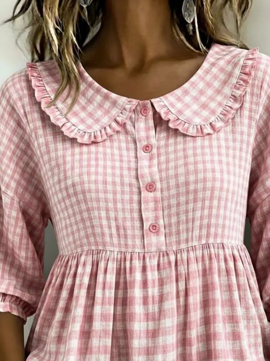 Full Size Gingham Peter Pan Collar Blouse Plus Size in Yellow