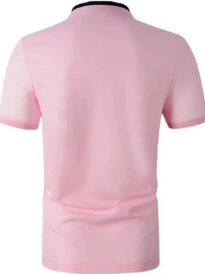Men's dusty pink polo shirt with contrast black collar and short sleeves.