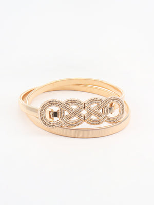 Gold elastic belt with intertwined knot detail and gold buckle clasp