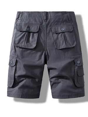 Men's dark gray cargo shorts with multiple button-flap pockets.