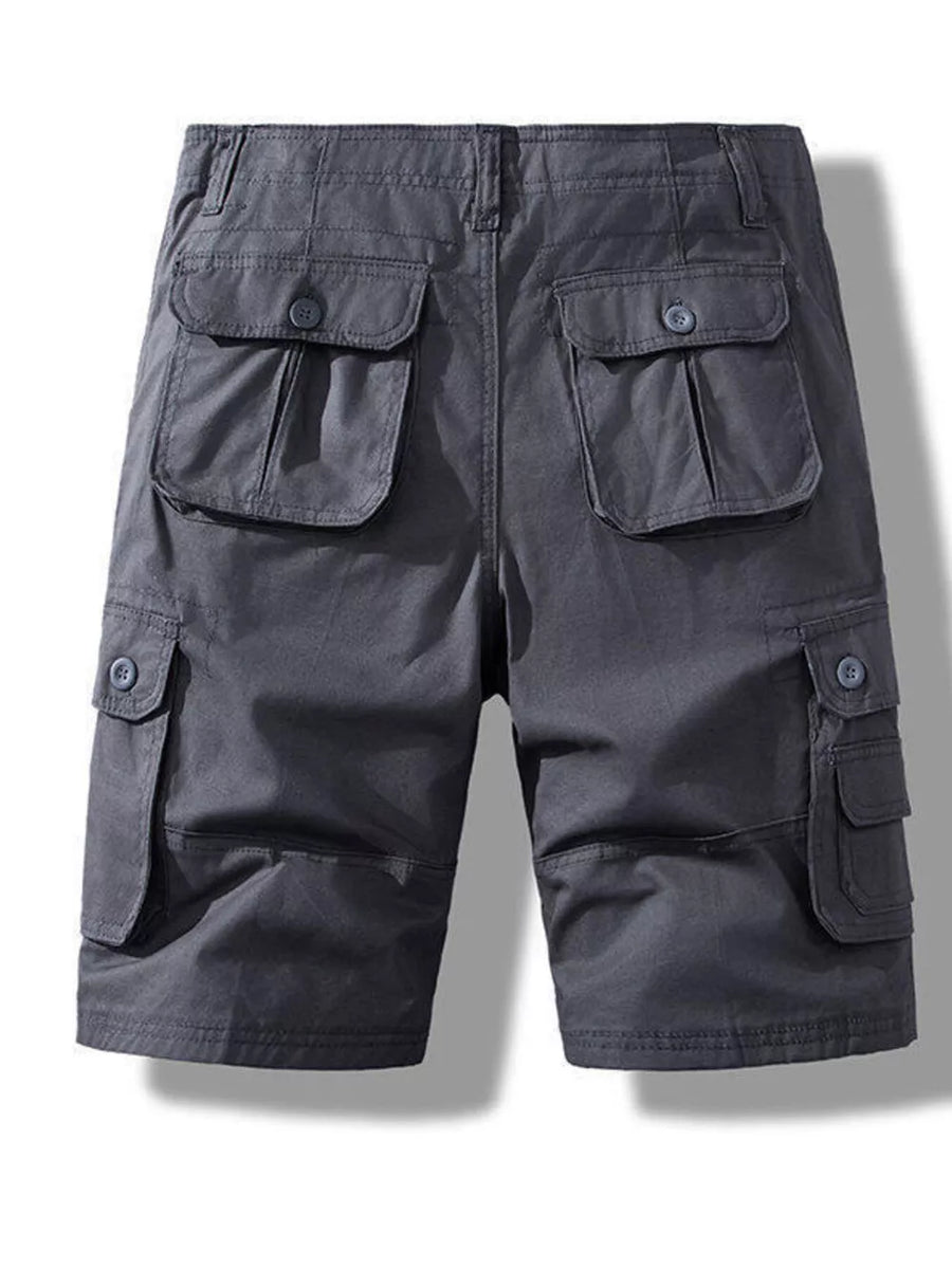 Men's dark gray cargo shorts with multiple button-flap pockets.