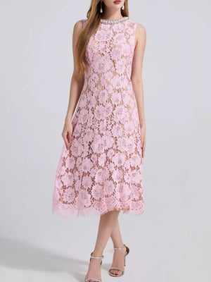 Pink lace dress with pearl embellished neckline and sleeveless design