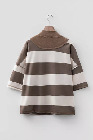 Striped Color Block Zip Collar Oversize Sweatshirt option 4