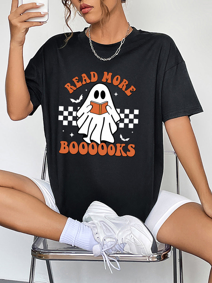Black graphic t-shirt with a ghost reading a book and "Read More Boooooks" text.