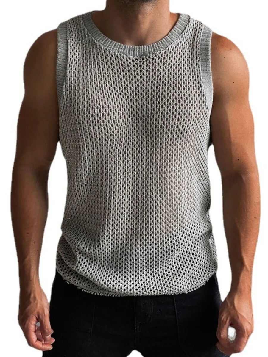 Gray open-knit tank top with ribbed trim and crew neck.