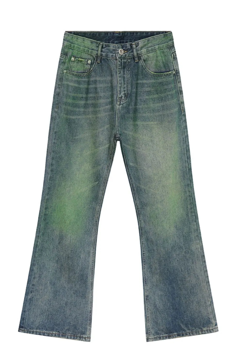 Ombre flare denim jeans in medium wash with green accents, cotton.