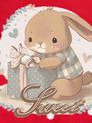 Red cotton sweatshirt with cute bunny holding a gift and the word Sweet.