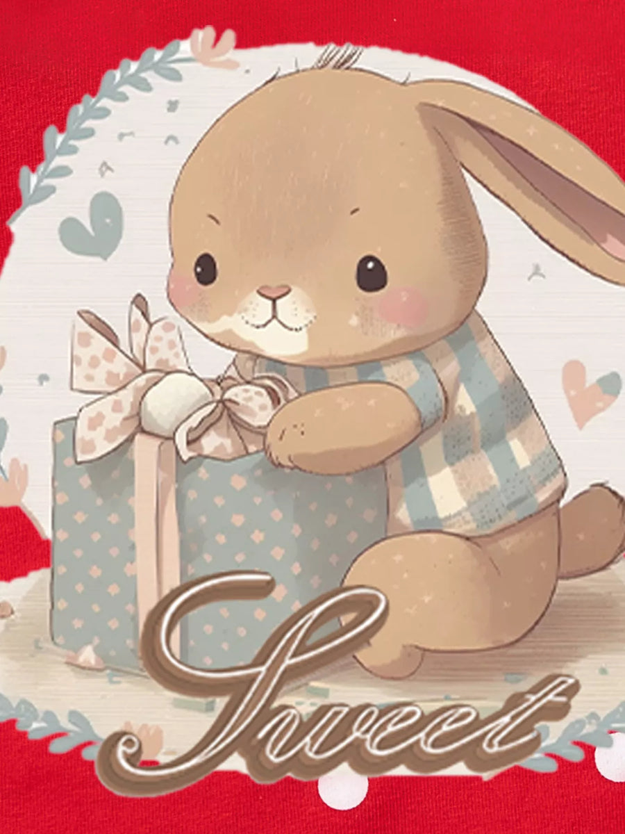 Red cotton sweatshirt with cute bunny holding a gift and the word Sweet.