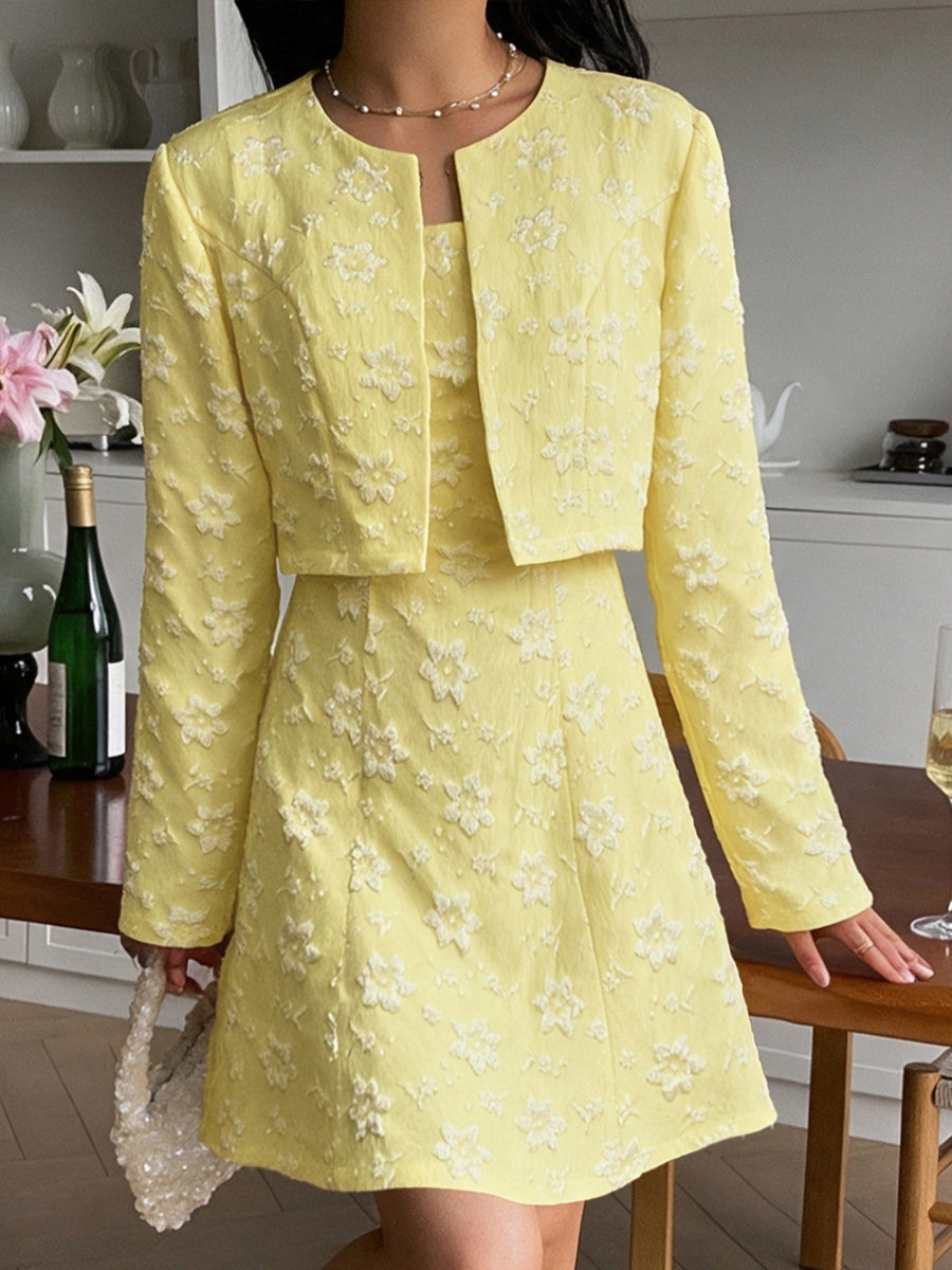 100% polyester Care instructions: Machine wash cold dress and cardigan set in light yellow with A-line silhouette