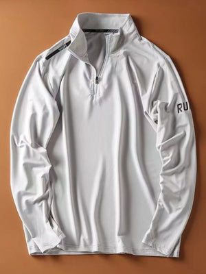 Grey quarter-zip long-sleeve sweatshirt with "SPORT" and "RUN" text details.