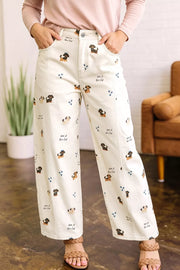 White Abstract Dog Print Wide Leg Jeans