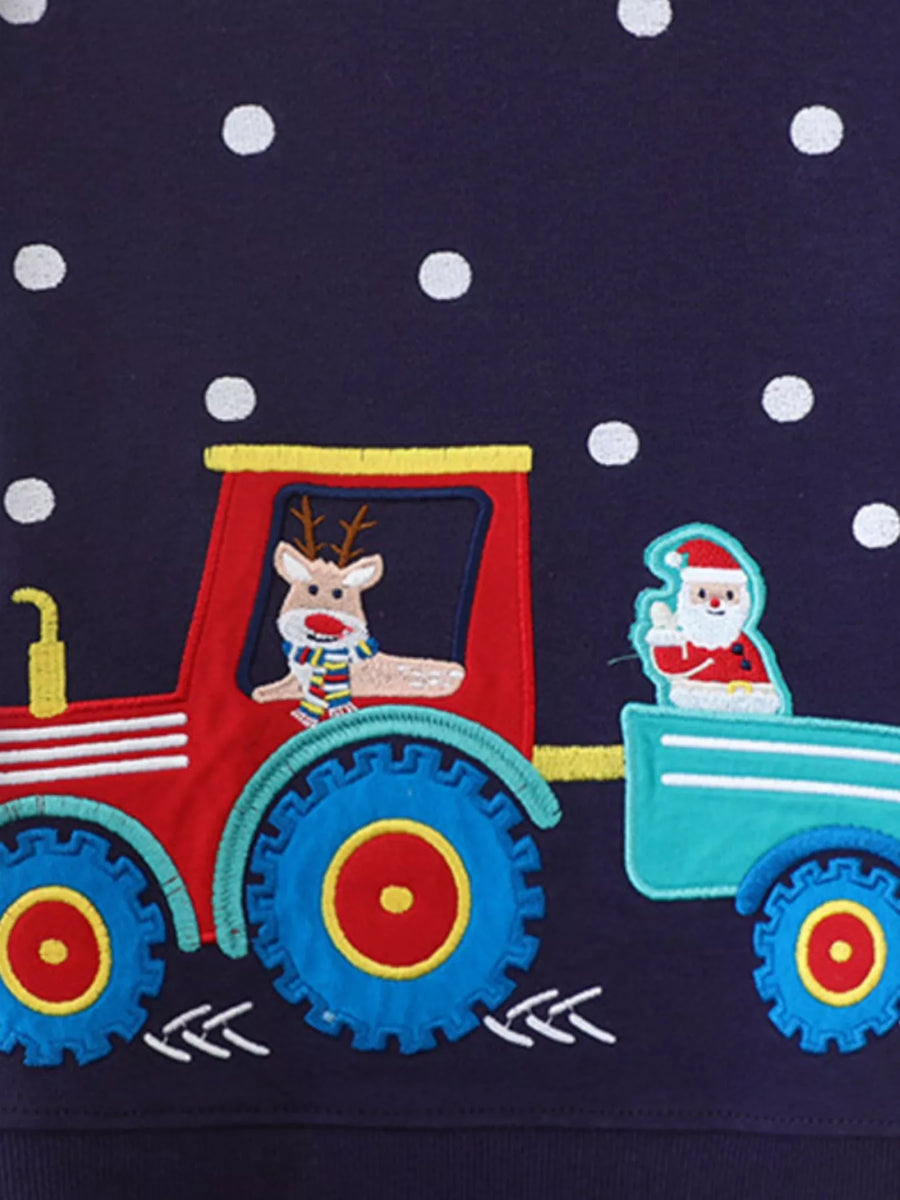 Dark Navy baby sweatshirt with embroidered tractor, reindeer, and Santa Claus holiday applique.
