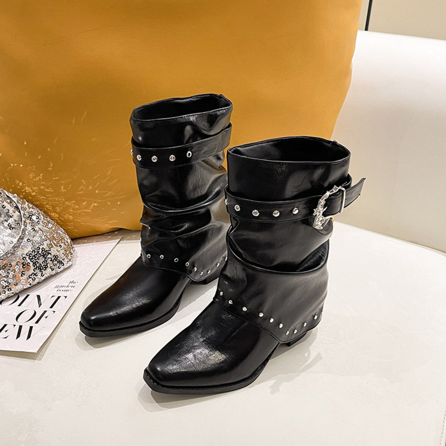 black boots with mid-calf and pull-on