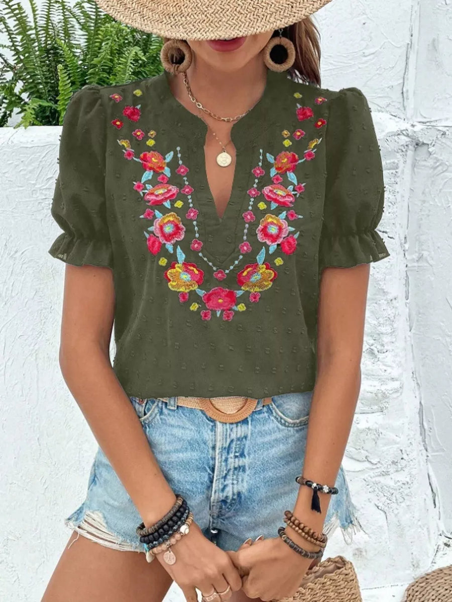 Army green embroidered puff sleeve blouse with floral neckline detail