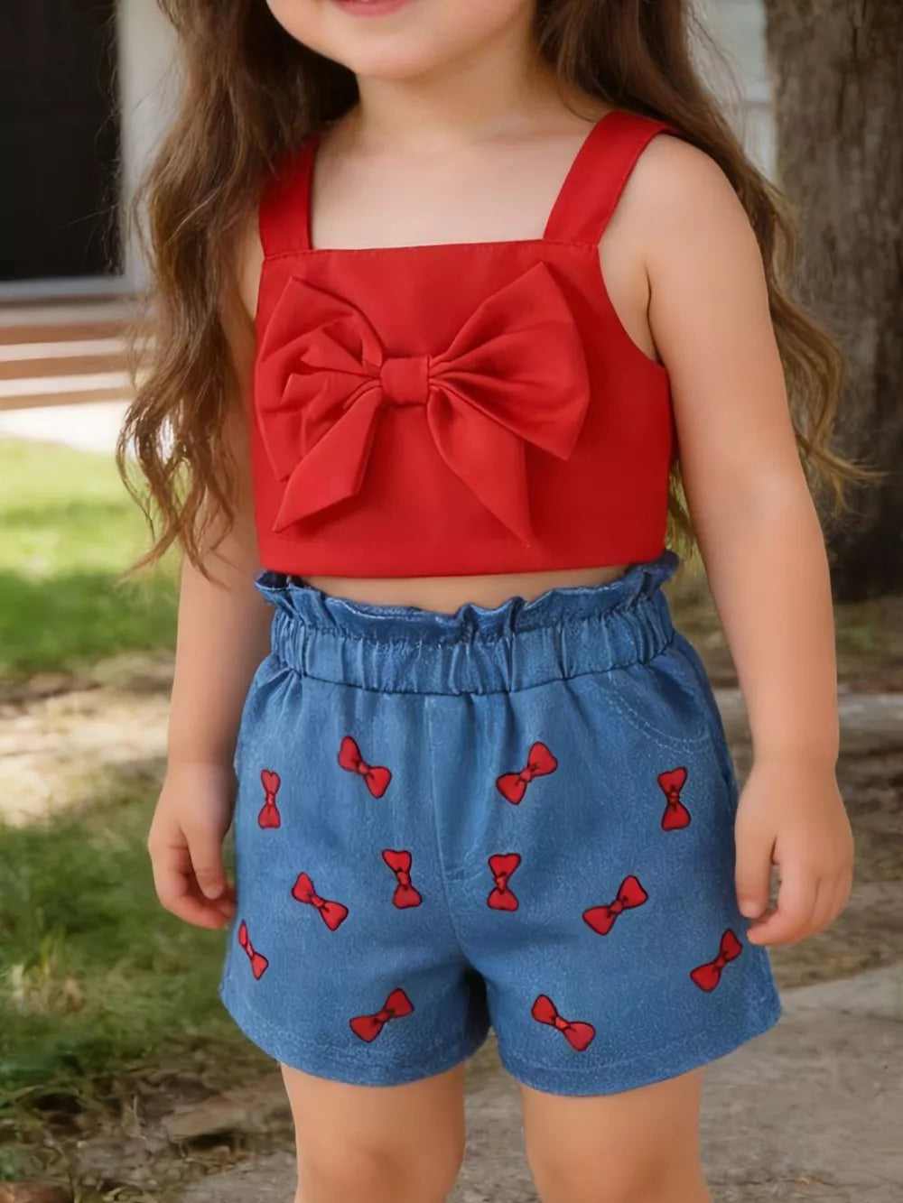 Red bow crop top and denim shorts with red bow print for girls