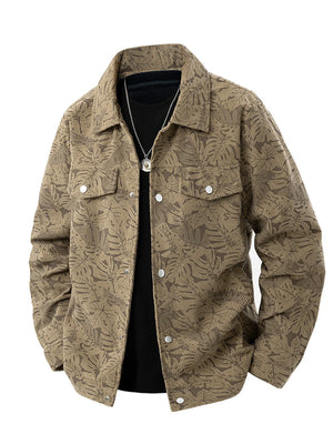 Plus-size corduroy jacket in light khaki with a leaf print, featuring buttoned pockets and a collared neckline.