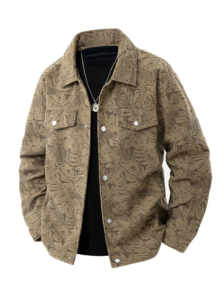 Plus-size corduroy jacket in light khaki with a leaf print, featuring buttoned pockets and a collared neckline.
