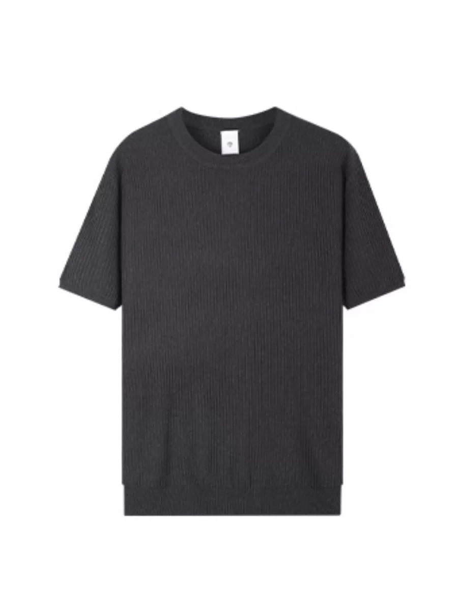 Men's dark gray ribbed knit relaxed fit t-shirt with crew neck.