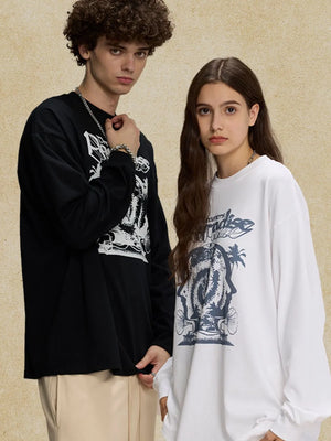 Dreamers Paradise graphic long sleeve t-shirt in white with bold graphic print.