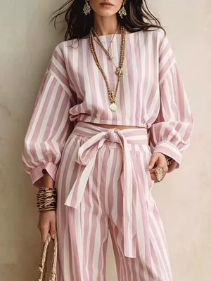 white lounge set with tie and striped