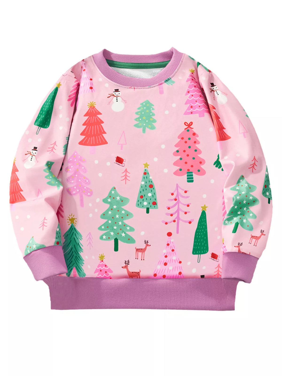 Baby girl's pink Christmas tree print crew neck sweatshirt with snowmen and deer.