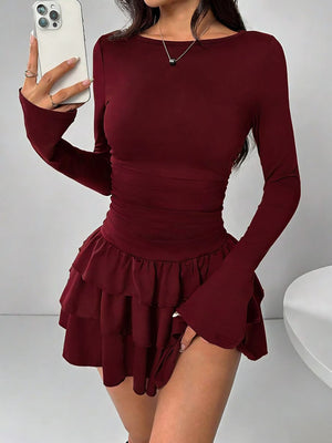 ivory mini dress with ruffled and long sleeve