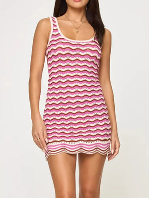 Fuchsia Pink, Openwork Chevron Knit Tank Dress in Fuchsia Pink