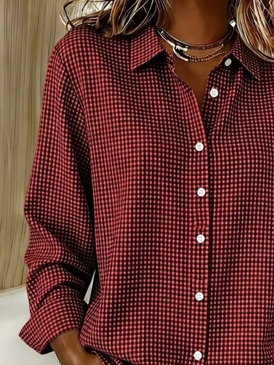 Plus Size Plaid Button Up Long Sleeve Shirt in Pink