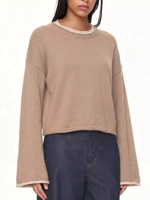 50% Viscose, 28% Polyester, 22% Polyamide Care instructions: Machine wash cold crewneck sweater in Khaki with relaxed